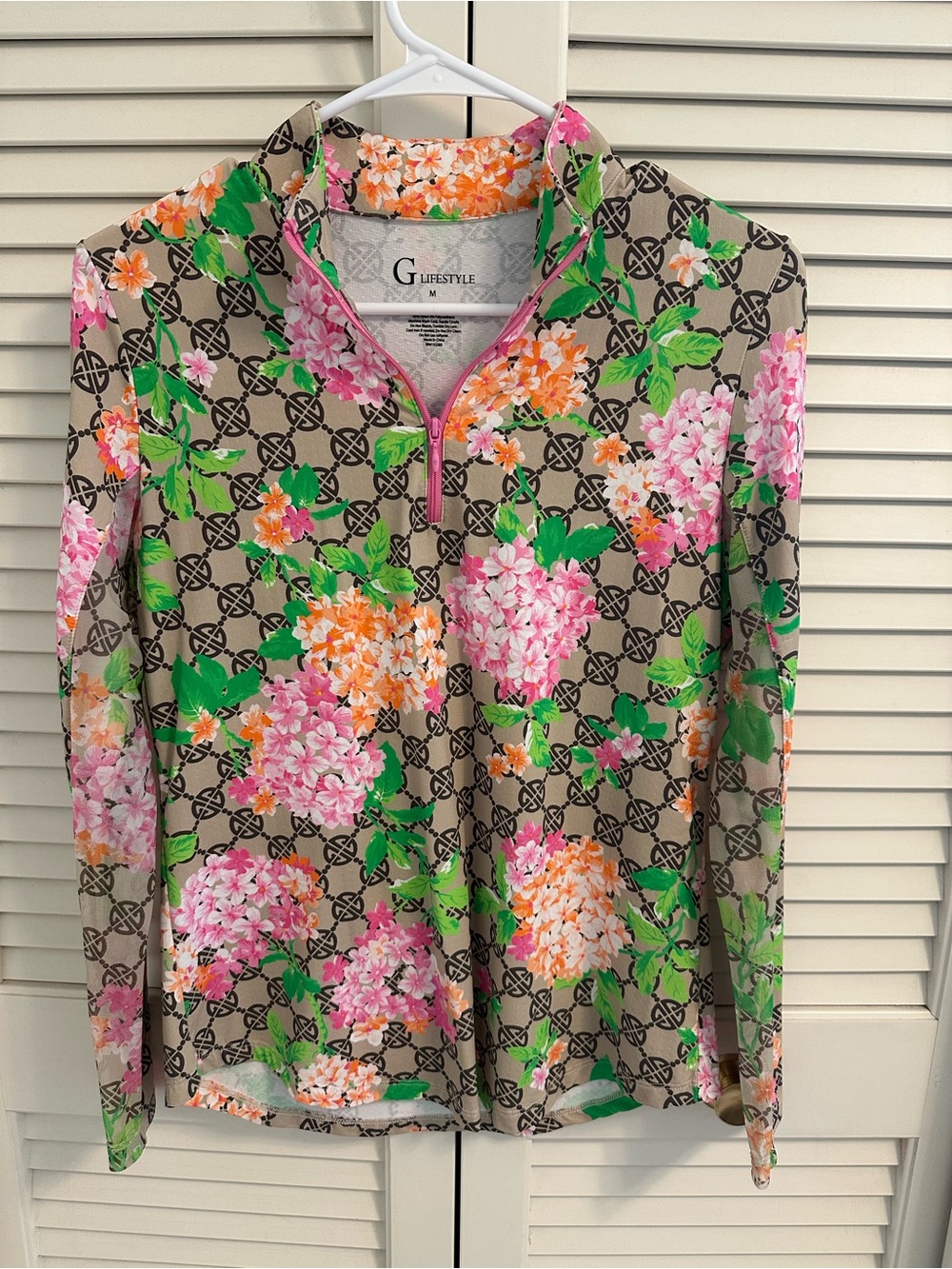 G Lifestyle Floral Zip-Front Top - Pink, Green, Taupe